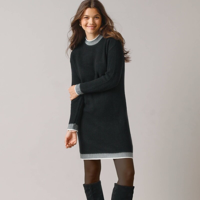 Úpletové šaty so stojačikom a kontrastnými lemami čierna/prírodná 054 66244215