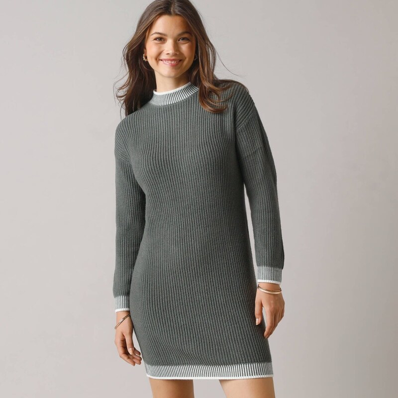 Úpletové šaty so stojačikom a kontrastnými lemami khaki/ražná 036 66244216