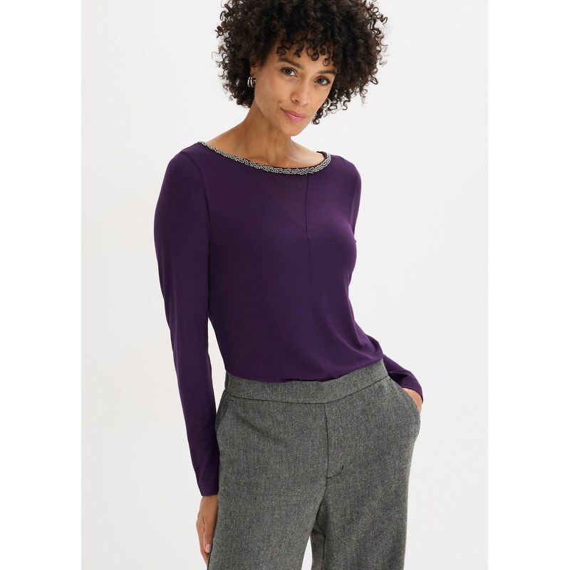 bonprix Tričko so sieťovinou a ligotavými kamienkami, farba fialová 66229842