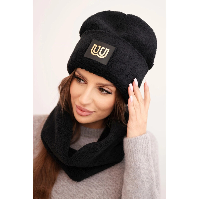 K-Fashion Dámska fleecová čiapka a šál s ozdobnou aplikáciou čierna 67260224