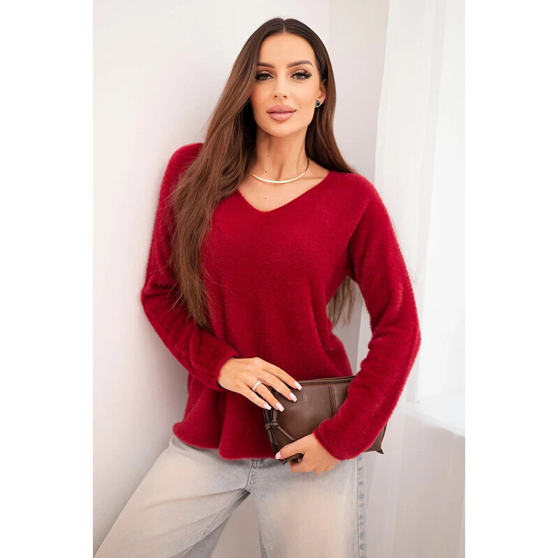K-Fashion Dámsky mäkký pletený sveter s výstrihom do V bordovej farby 66656902