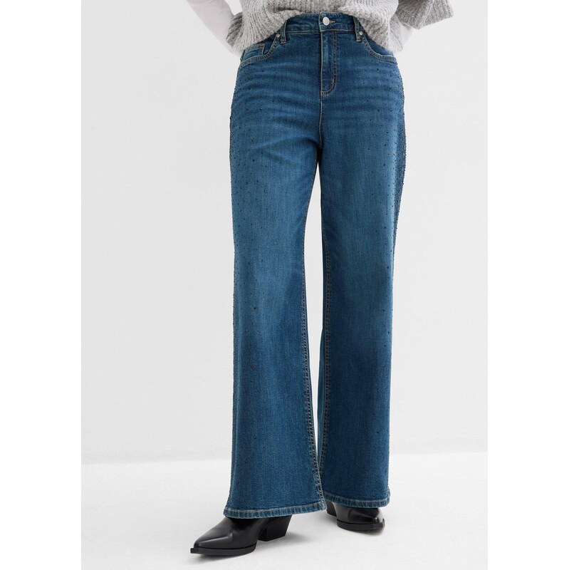 bonprix Džínsy wide-leg, stredná výška pásu, ligotavé kamienky, farba 66229985