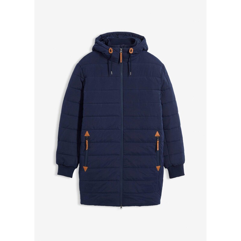 bonprix Prešívaná bunda s kapucňou, koženkové detaily, farba modrá 66295230