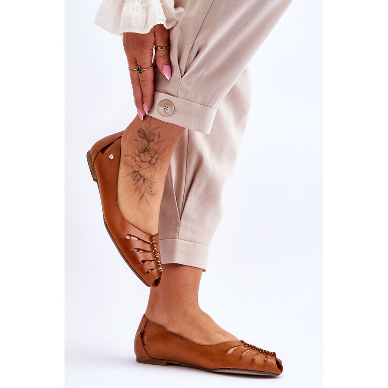 Zazoo 10009 Wygodne Skórzane Baleriny Damskie Brązowe 66658862