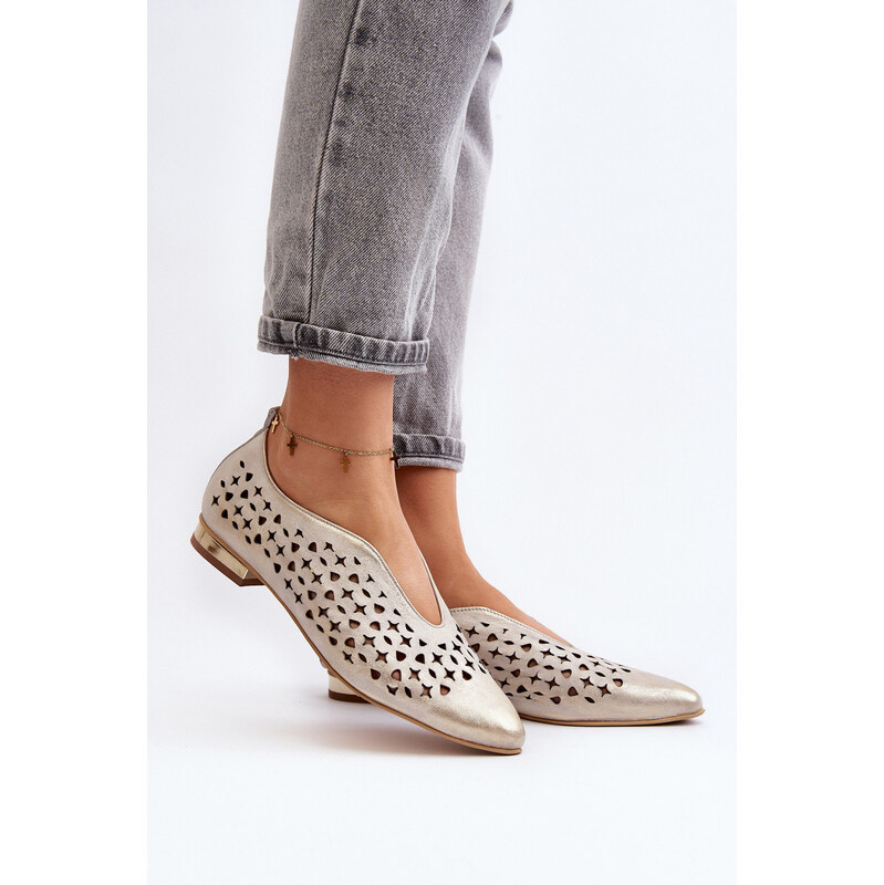 Zazoo 2883 Ażurowe Baleriny Ze Skóry Naturalnej Złote 66659610