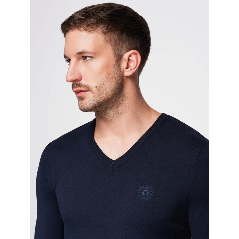 Ombre Mens elegant BASIC V-neck sweater with viscose - navy blue 64785684