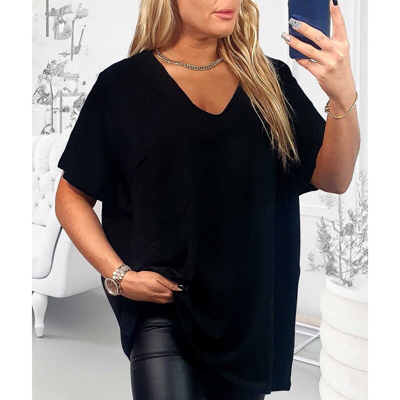 Bavlnené tričko s V výstrihom čierne 66335334