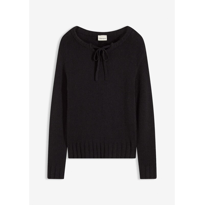 bonprix Pulóver, hrubo pletený, na zaviazanie, farba čierna 66341227
