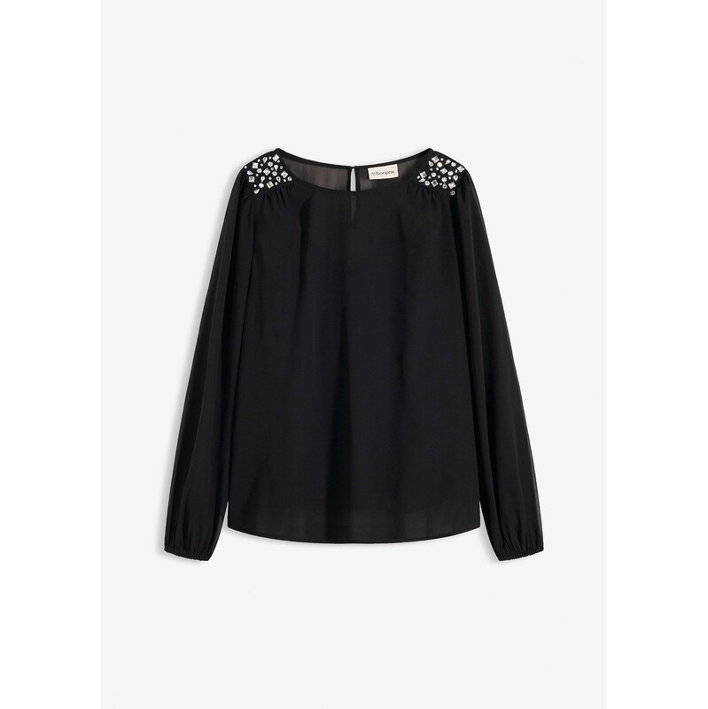 bonprix Šifónová blúza so štrasom, farba čierna 66341303
