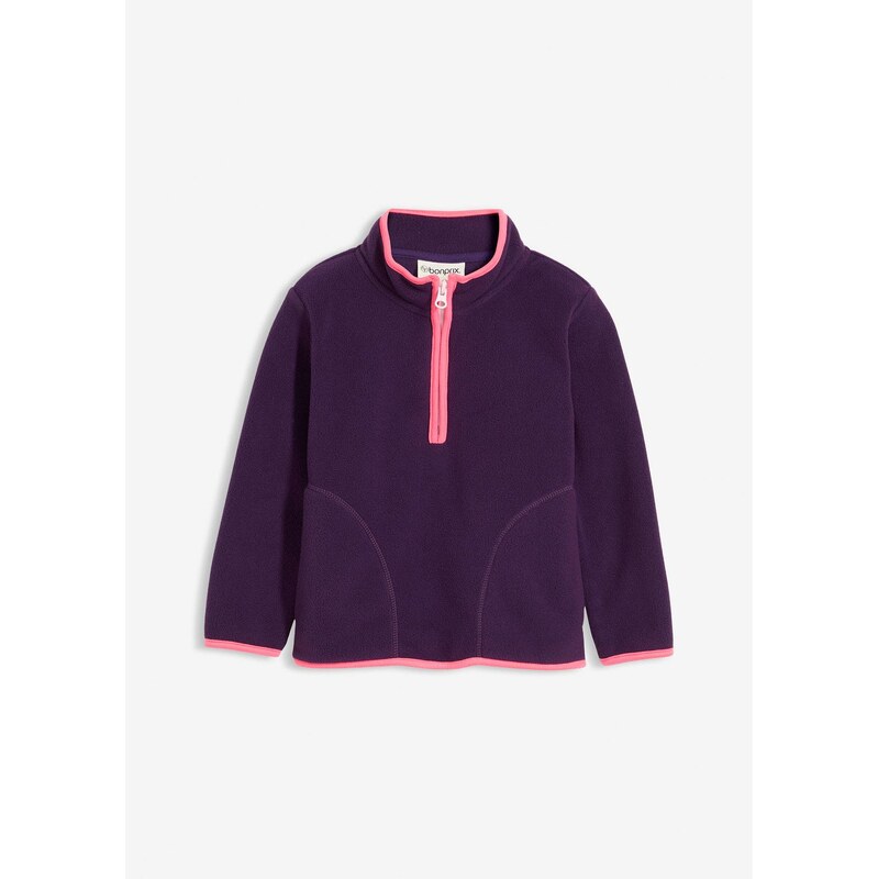bonprix Flísový pulóver s kontrastnými detailmi, farba fialová 66341301