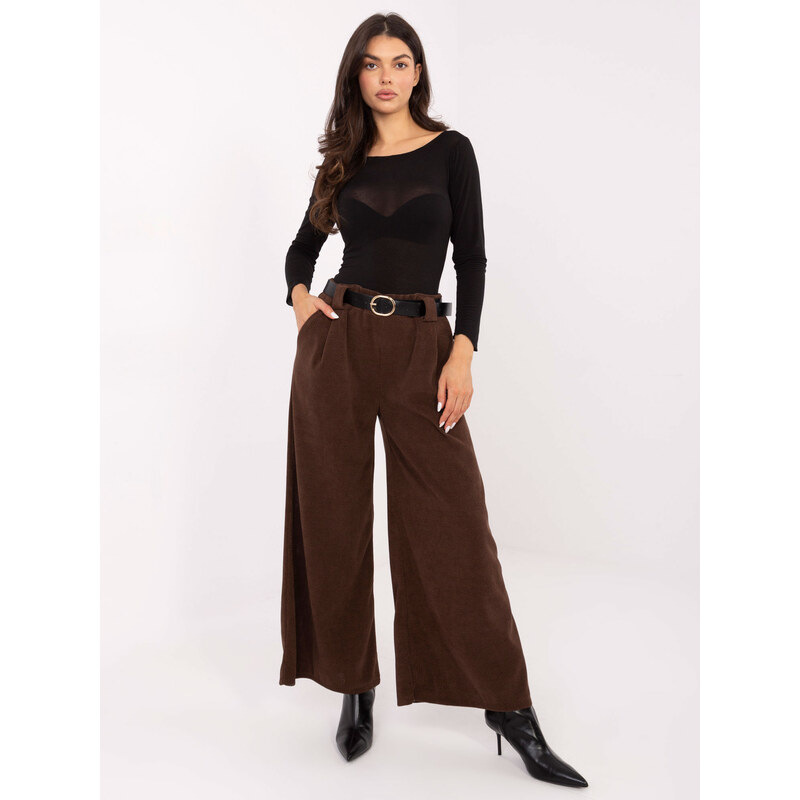 RUE PARIS Tmavohnedé dámske manšestrové nohavice širokého strihu s 66344546