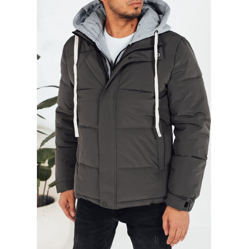 BASIC Tmavosivá pánska zimná prešívaná bunda s látkovou kapucňou 66344573
