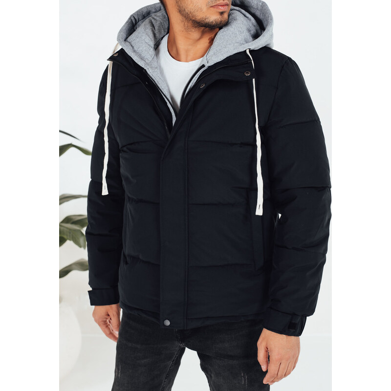 BASIC Tmavomodrá pánska zimná prešívaná bunda s látkovou kapucňou 66344571