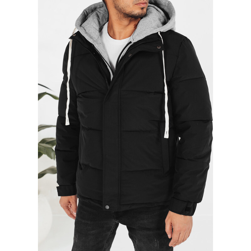 BASIC Čierna pánska zimná prešívaná bunda s látkovou kapucňou TX5104 66344572