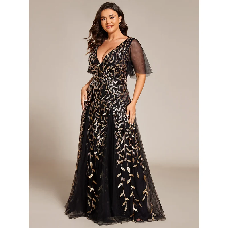 Dlhé šaty s flitrovanými zlatými lístkami čierne 66353564