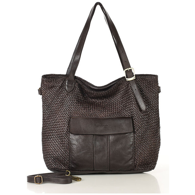 MARCO MAZZINI Veľká tkaná kožená shopper taška cez rameno | tmavohnedá 66364414