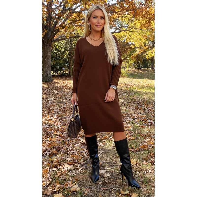 Svetrové šaty s rebrovanými rukávmi hnedé 66376343