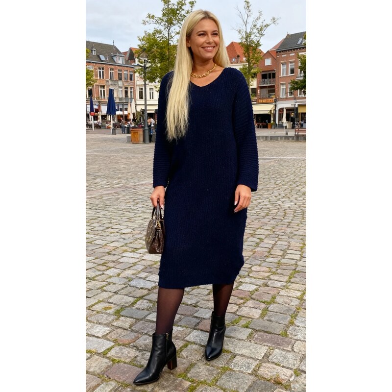 Svetrové šaty s výstrihom do V tmavomodré 66196376