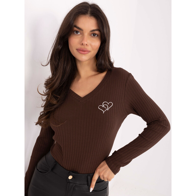 RUE PARIS Tmavohnedé dámske rebrované tričko s dlhým rukávom RV-BZ 66379097