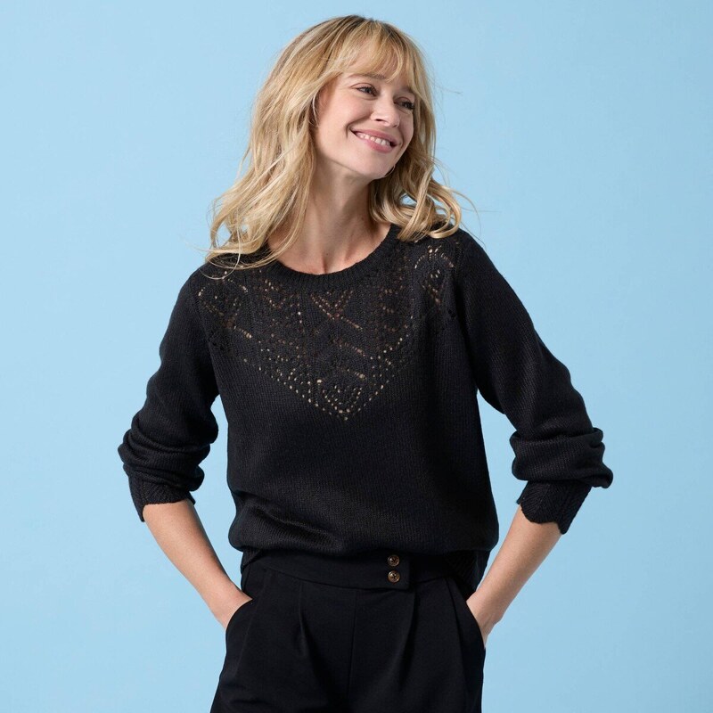 Pulóver s ažúrovým vzorom, pre nižšiu postavu čierna 036 Blancheporte 66388770