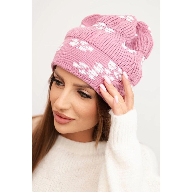 MladaModa Dámska čiapka so vzorom snehových vločiek K463 staroružová 66389619