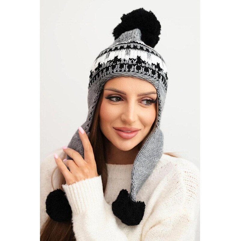 MladaModa Dámska čiapka s dlhými ušami a brmbolcami K436 tmavá šedá 66389667