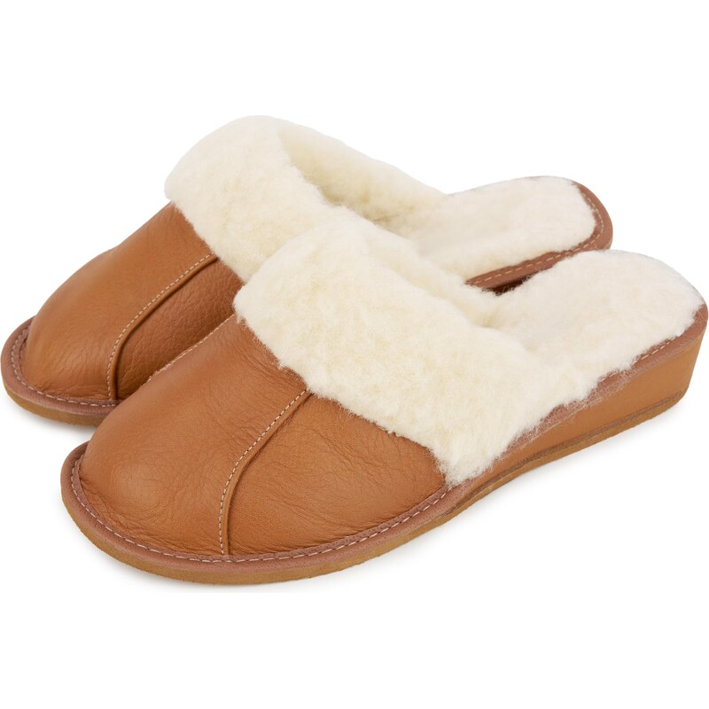 Vlnka Dámske kožené papuče na kline s ovčou vlnou svetlo hnedá 17725687