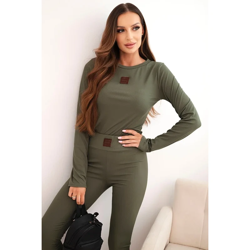 Kesi Włoski Dámsky bavlnený komplet s dlhým rukávom a legínami khaki 66406576