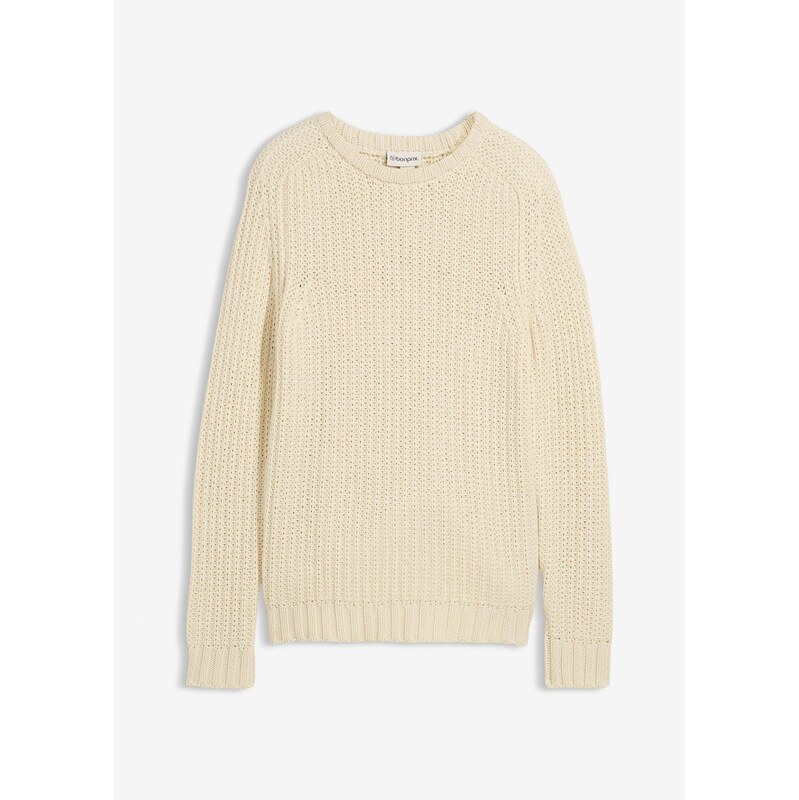 bonprix Hrubo pletený pulóver z mäkkého bavlneného mixu, farba béžová 66421645