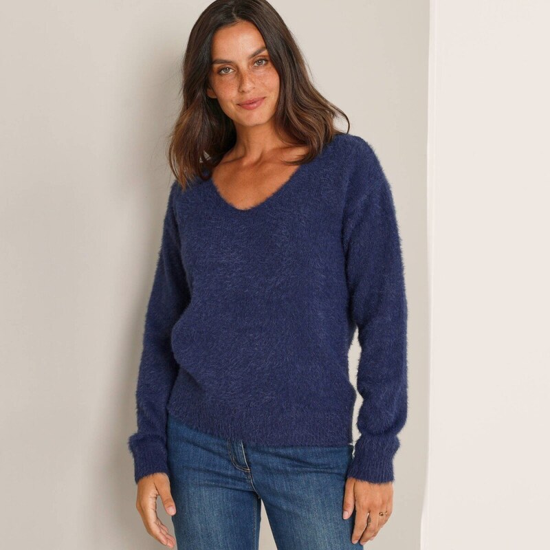 Pulóver s výstrihom do V s predĺženým vláknom nám.modrá 054 66435176