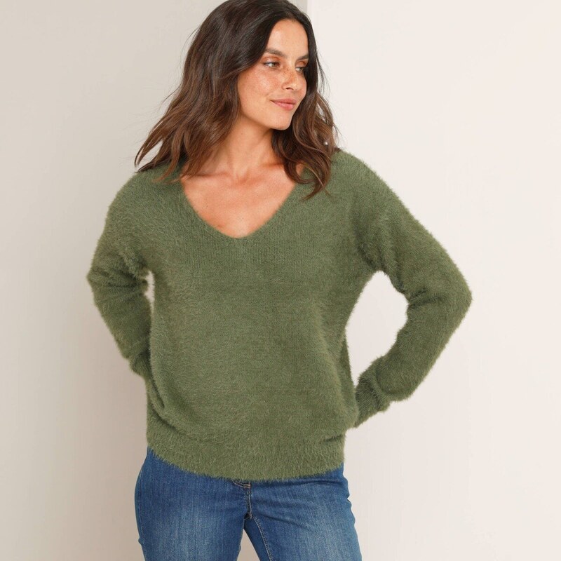 Pulóver s výstrihom do V s predĺženým vláknom zelená lipová 054 66435177