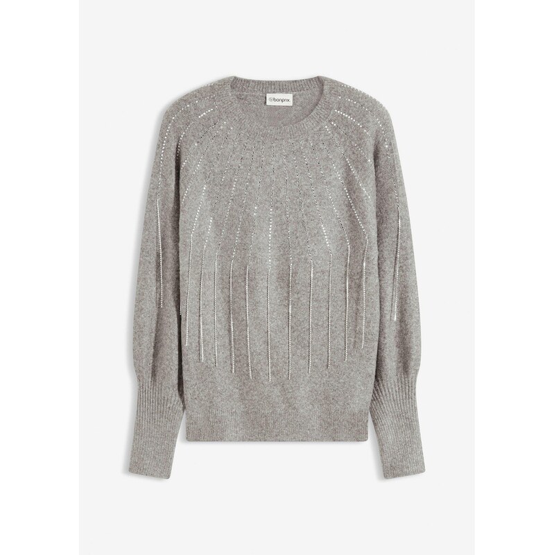 bonprix Pulóver so štrasovou aplikáciou, farba šedá 66438113