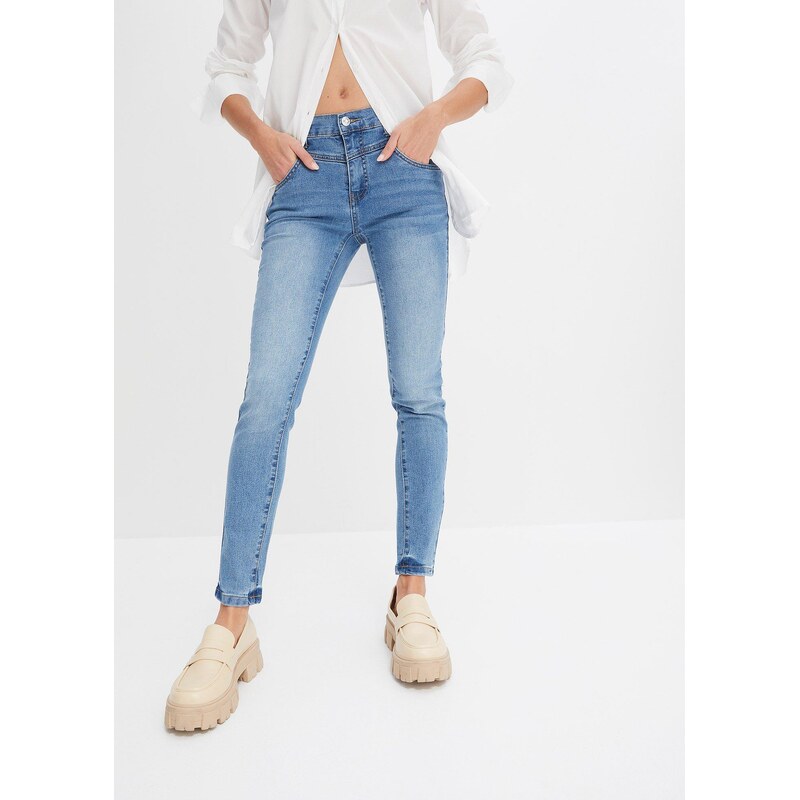 bonprix Skinny džínsy cropped, stredná výška pásu, farba modrá 45744926