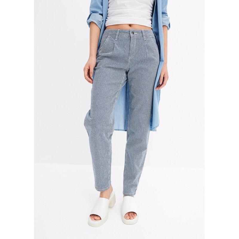 bonprix Džínsy Barrel, pásikované Mid Waist, farba modrá 52158676