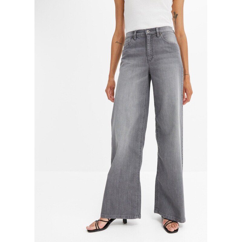 bonprix Džínsy s vysokým pásom, široký strih, farba šedá 56356414