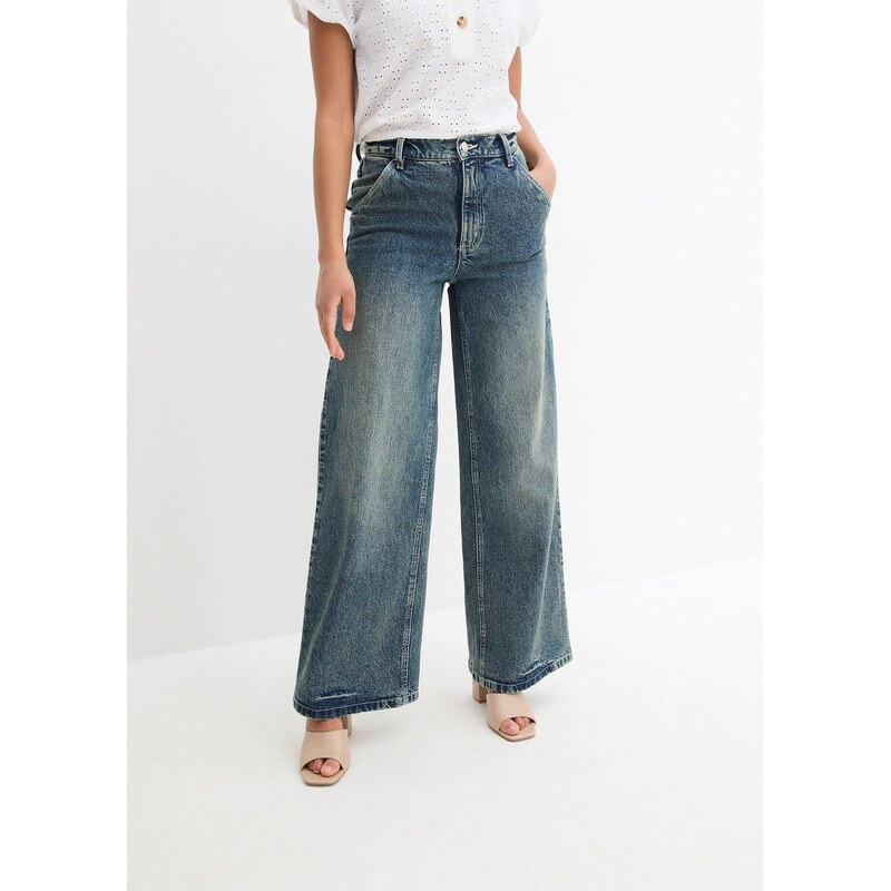 bonprix Džínsy s vysokým pásom, široký strih, low stretch, farba modrá 56356556