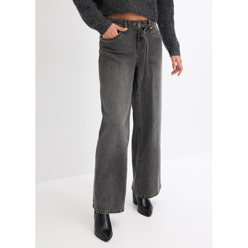 bonprix Džínsy, široké, Mid Waist, farba šedá 58486884