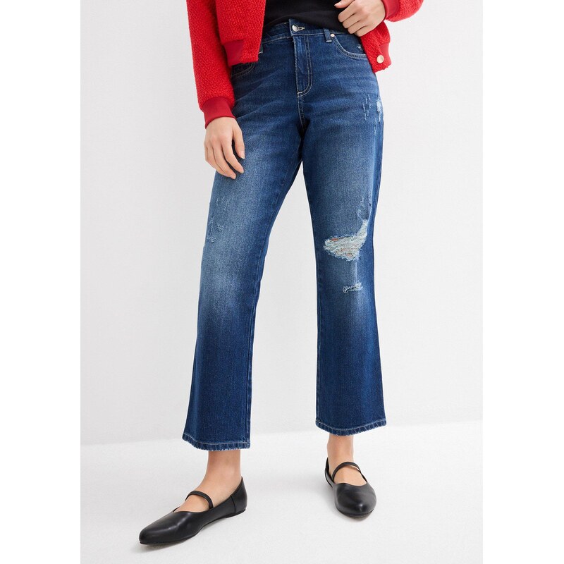 bonprix Rovné džínsy Mid Waist, cropped, pohodlný pás, farba modrá 62679624