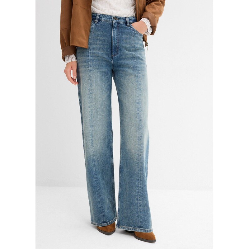bonprix Voľné džínsy straight, vysoký pás, low stretch, farba modrá 65006197