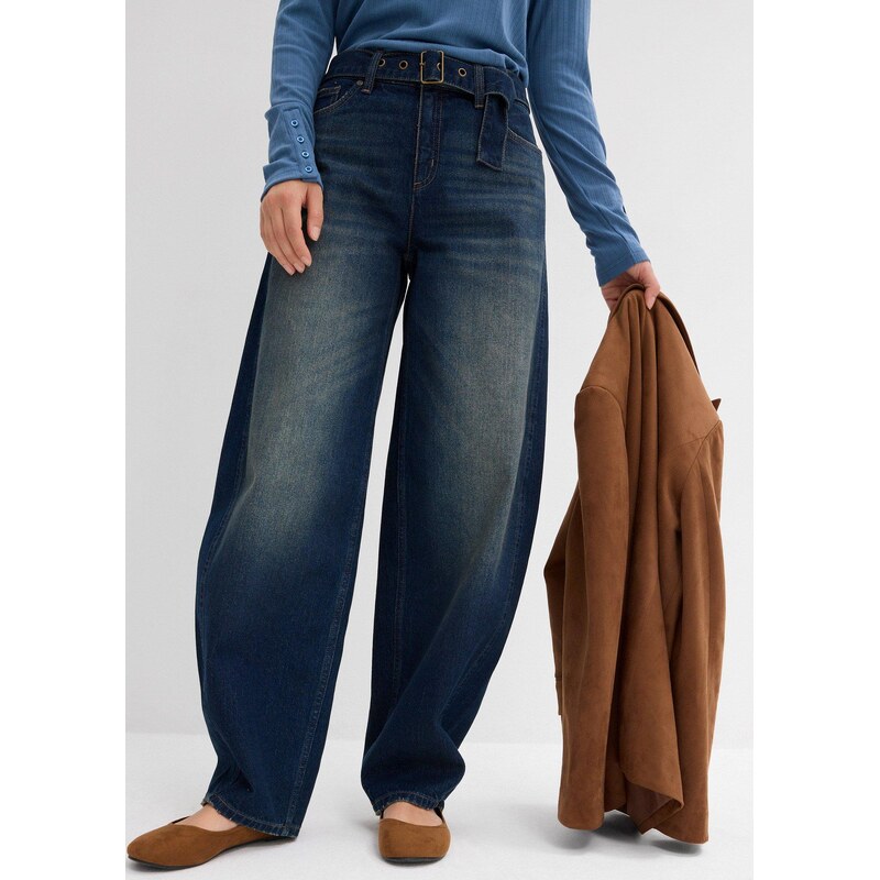 bonprix Džínsy barrel s opaskom, stredná výška pásu, farba modrá 65006274