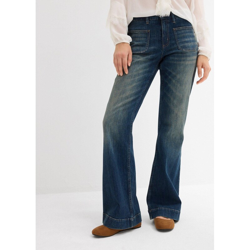 bonprix Zvonové džínsy, Mid Waist, farba modrá 65006275