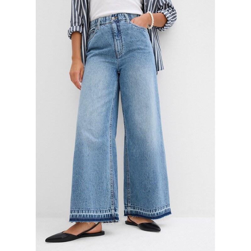 bonprix Široké džínsy, High Waist, cropped, farba modrá 64922153