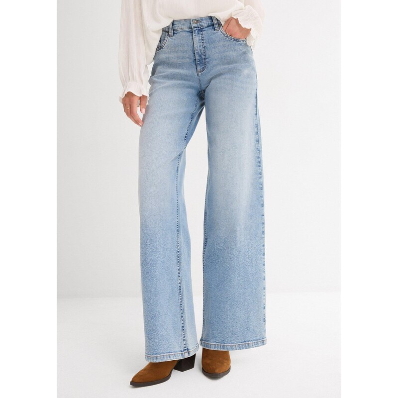 bonprix Džínsy s vysokým pásom, široký strih, farba modrá 64922083