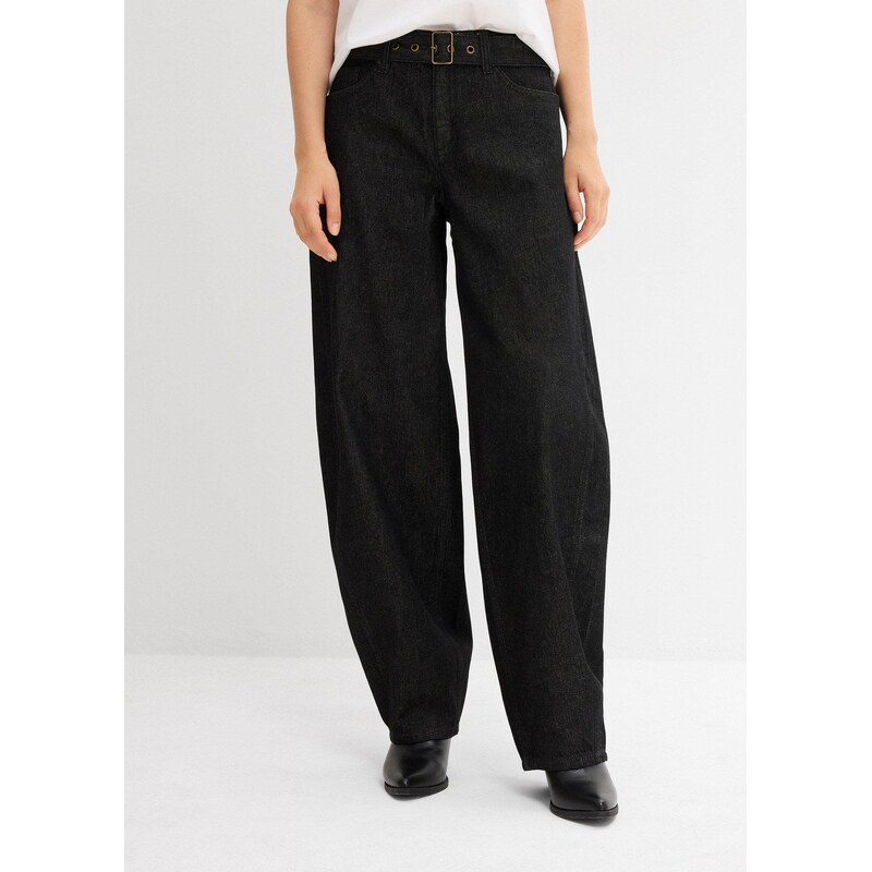 bonprix Džínsy barrel s opaskom, stredná výška pásu, farba šedá 65006355