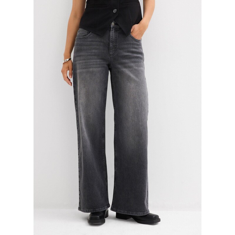 bonprix Džínsy s vysokým pásom, široký strih, farba čierna 64922082