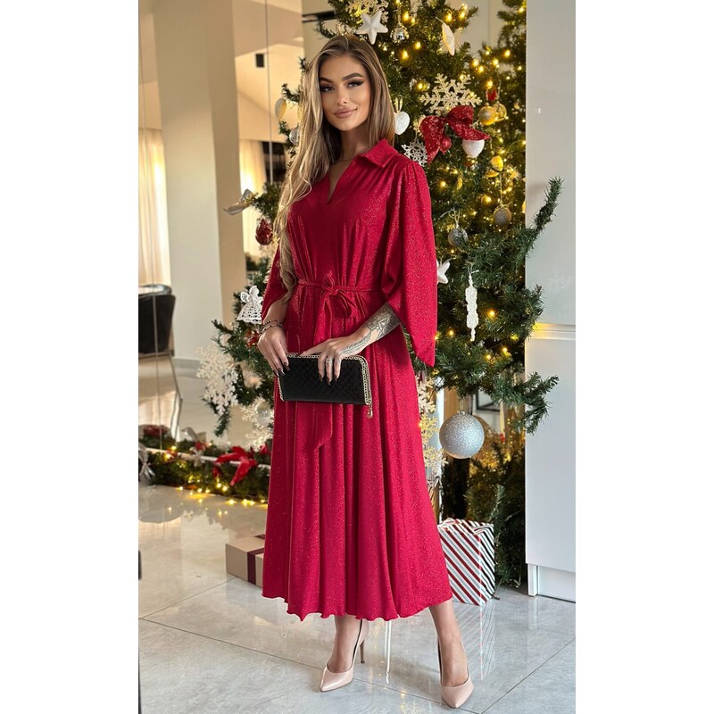 (veľ. 46) Trblietavé šaty s košeľovým golierom červené 66439168