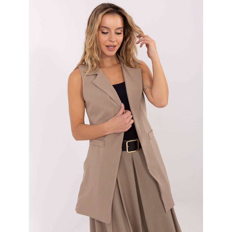 RUE PARIS Elegantná dámska tmavobéžová vesta s golierom IT-KZ-FL5069 66445907