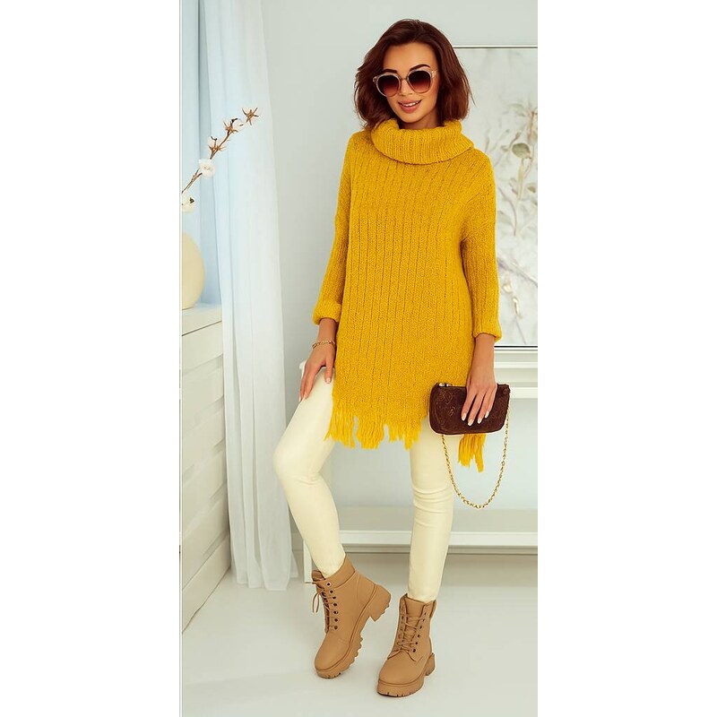 Fashionweek Sveter pončo s rolákom so strapcami BOHO ŠTÝL JK-GAJA 48752087