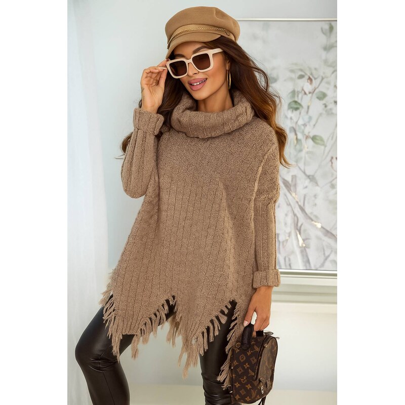 Fashionweek Sveter pončo s rolákom so strapcami BOHO ŠTÝL JK-GAJA 48752094