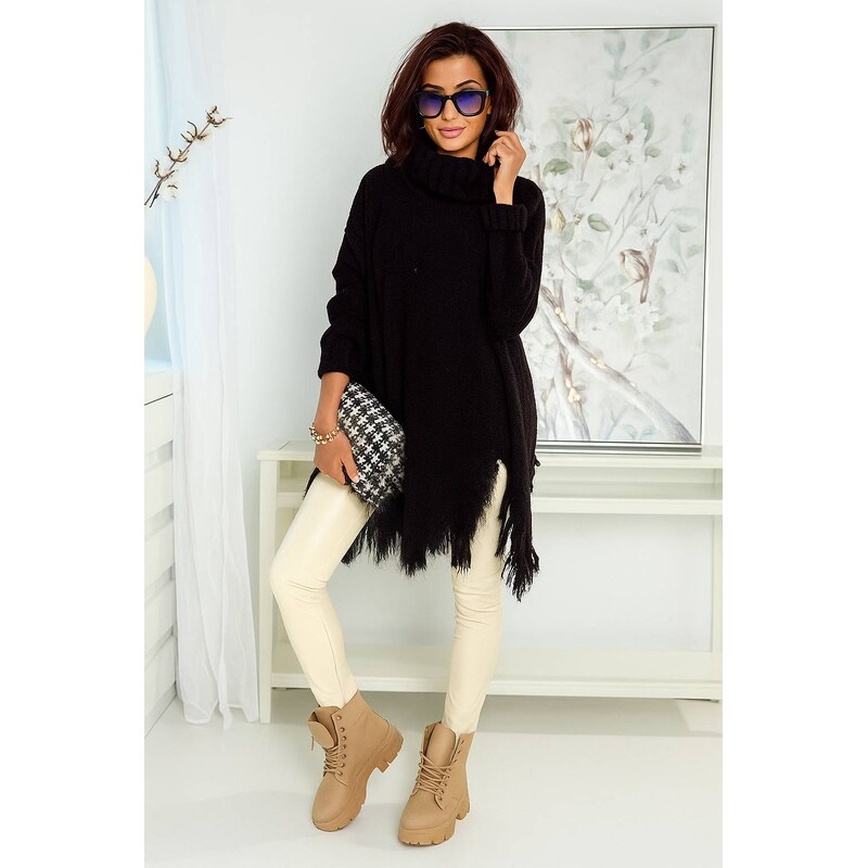 Fashionweek Sveter pončo s rolákom so strapcami BOHO ŠTÝL JK-GAJA 48929399